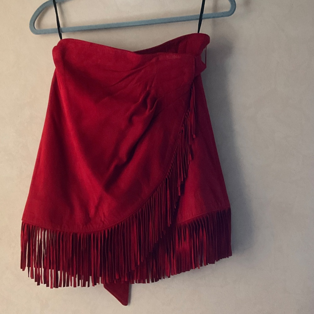 Vakko Red Suede Western Style Fringe Wraparound Skirt